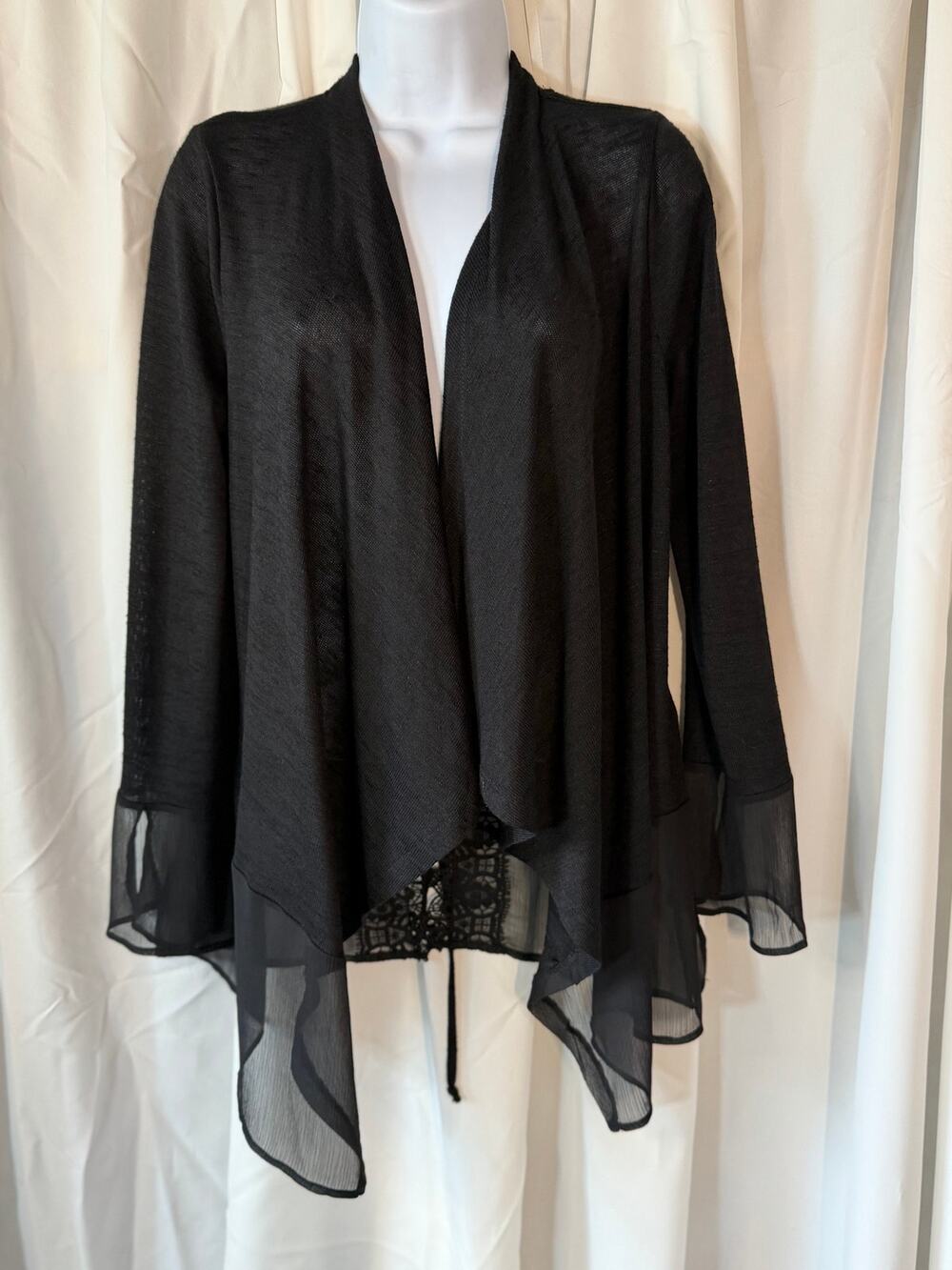 Black Lace Up Corset Waterfall Cardigan Sheer Trim Size S whimsygoth Dark Fairy